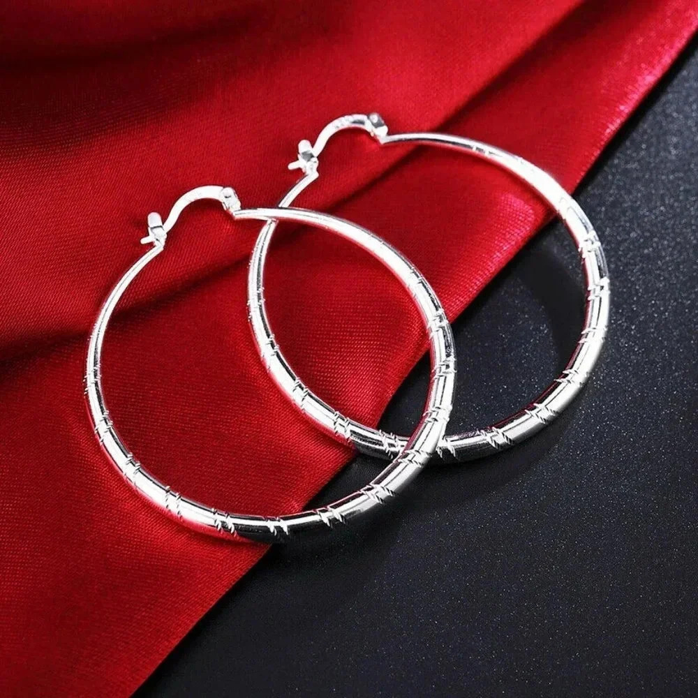 925 Sterling Silver Shiny Textured Round Hoop Earrings